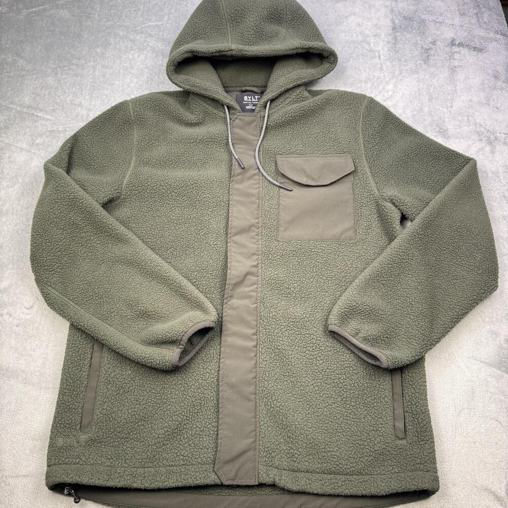 BYLT Back Bay Sherpa Jacket Mens Large Green Fleece Hooded Zip Parka Insulated
